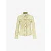 Ganni Womens  Green Foil Overdyed Flared Stretch- Denim Jacket In Golden Cypress
