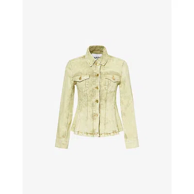 Ganni Womens  Green Foil Overdyed Flared Stretch- Denim Jacket In Golden Cypress