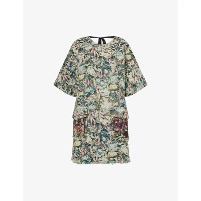 GANNI WOMENS JADEITE TAPESTRY SHORT-SLEEVES WOVEN MINI DRESS