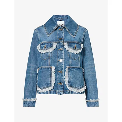 Ganni Womens Lace-trim Denim Jacket Dark Blue Vintage