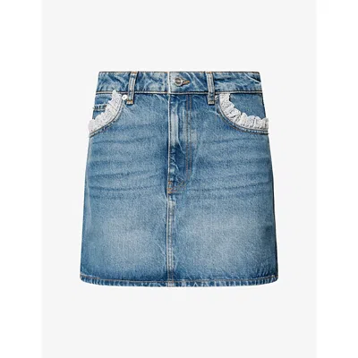 Ganni Womens Lace-trimmed Denim Mini Skirt Dark Blue Vintage