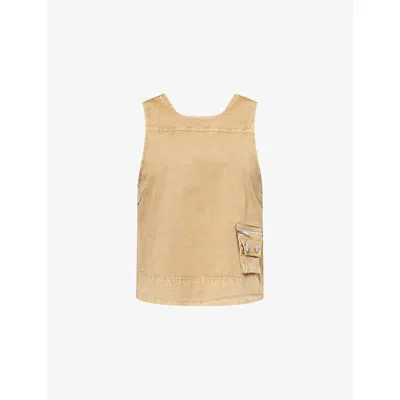 Ganni Womens Lark Patch-pocket Round-neck Cotton Top In Brown