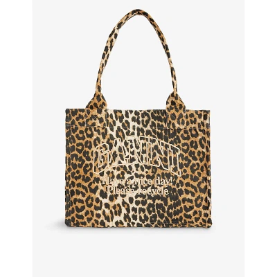 Ganni Womens Leopard Easy Shopper Large Recycled-cotton Tote Bag
