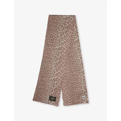 Ganni Womens Leopard-print Stretch Wool-blend Scarf In Brown
