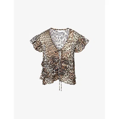 GANNI WOMENS LEOPARD RUFFLED WOVEN TOP