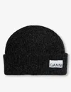 Ganni Womens Phantom Logo-patch Wool, Recycled-wool And Recycled-polyamide Beanie In Phantom