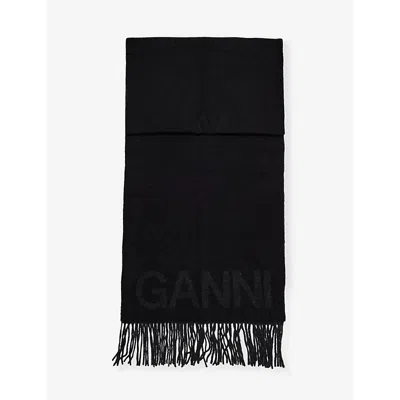 Ganni Womens Black Logo-pattern Fringed Recycled-wool Scarf