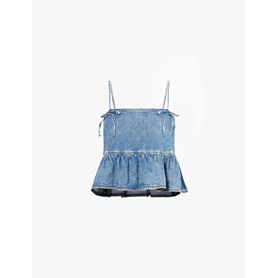Ganni Womens  Cropped Ruffled Organic-denim Blend Top In Mid Blue Stone