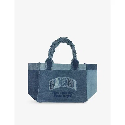 Ganni Womens Mid Blue Vintage Trapeze Embroidered-logo Denim Shoulder Bag