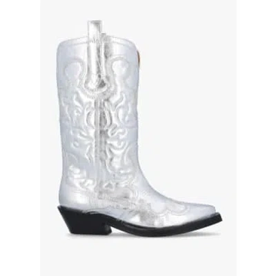 Ganni Womens Mid Shaft Embroidered Western Boots In Silver In Metallic