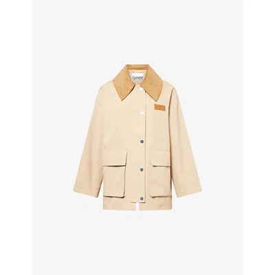 Ganni Womens Oversized-collar Brand-patch Woven Jacket Pale Khaki In Neutral