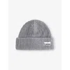 Ganni Womens Logo-patch Wool-blend Beanie Hat Paloma Melange In Gray