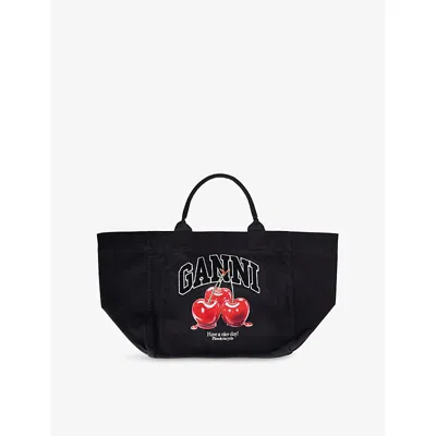 Ganni Womens Phantom Cherry-print Xxl Cotton-canvas Shopper Tote Bag In Black