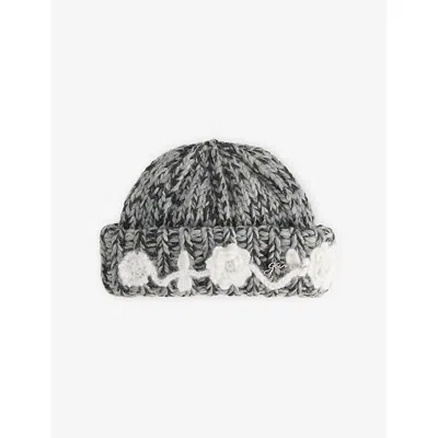 Ganni Womens Phantom Crochet Wool-blend Beanie In Black