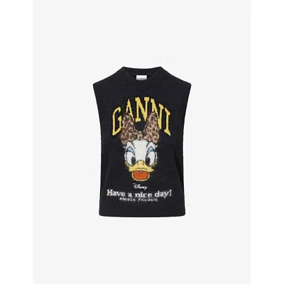 Ganni Womens  X Disney Daisy Duck Wool-blend Vest In Black