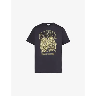 GANNI WOMENS PHANTOM OWLS GRAPHIC-EMBROIDERED COTTON JERSEY T-SHIRT