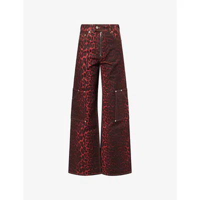 Ganni Womens Foil Andi Cargo Leopard Stretch-denim Jeans Racing Red