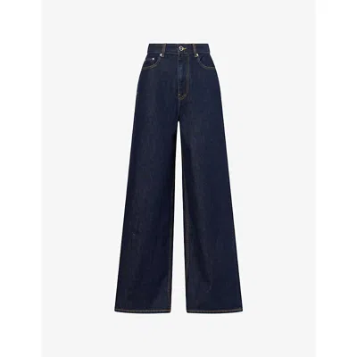 Ganni Womens Rinse Wide-leg Contrast-stitch Denim Jeans In Blue