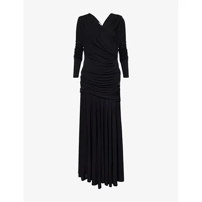 Ganni Womens Black Ruched Long-sleeves Woven Maxi Dress