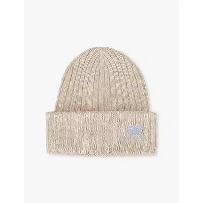 Ganni Womens Sand Ribbed Brand-embroidery Wool-blend Beanie In Neutral