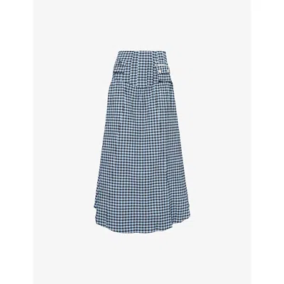 GANNI WOMENS SOFT CHAMBRAY SEERSUCKER POCKET-FRONT CHECK WOVEN MAXI SKIRT