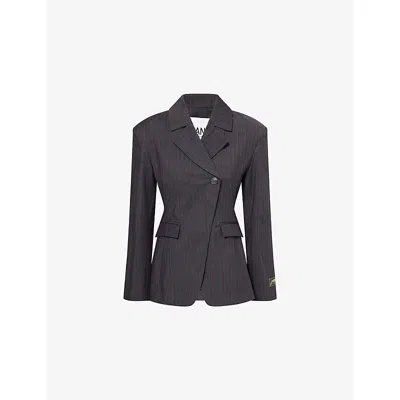 Ganni Womens Phantom Striped Single-breasted Woven Blazer In Black