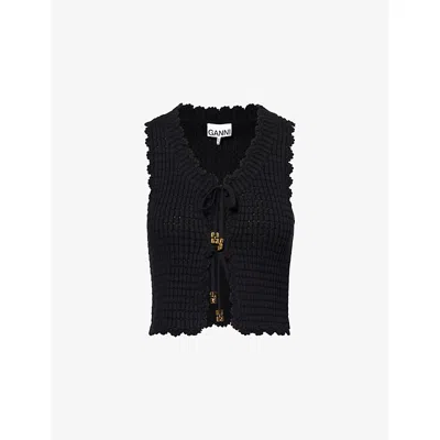 Ganni Womens Black Textured-knit Open-front Knitted Cotton And Cashmere Top Xs