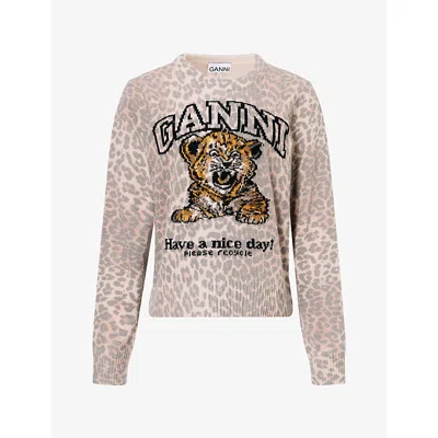 Ganni Womens Tiger-print Wool-blend Jumper Almond Milk