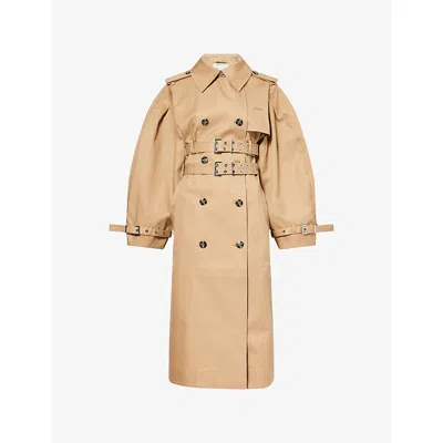 Ganni Womens Tigers Eye Double-belted Midi Cotton Trench Coat In Brown