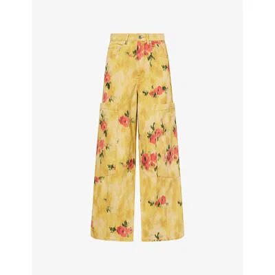 Ganni Womens Vibrant Yellow Baggy Printed Denim Jeans