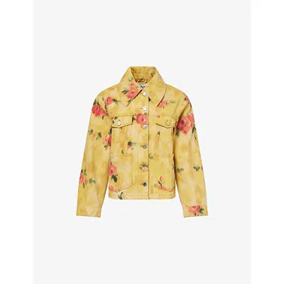 Ganni Womens Vibrant Yellow Printed Oversized Denim Jacket