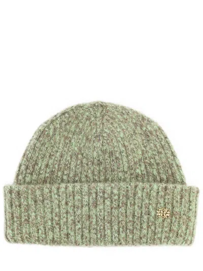 Ganni Wool Mohair Beanie Hat Ribbed Turn Up In Green