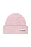 Ganni Light Pink Fitted Rib Knit Wool Beanie