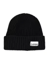Ganni Womens Black Logo-patch Wool-blend Beanie Hat In Black