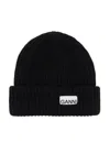 Ganni Wool-blend Ribbed-knit Beanie Hat In Black