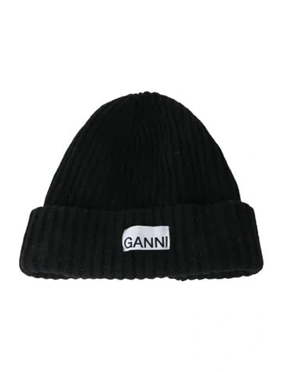 Pre-owned Ganni Wool Beanie Hat In Black