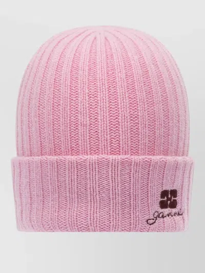 Ganni Wool Beanie Hat Rib Knit Cuff In Pink
