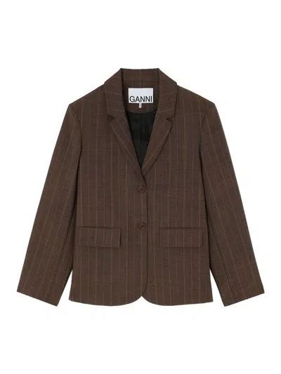 Ganni Wool Blazer With Pinstripes In Dark Brown