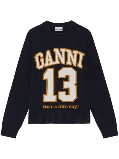 Ganni Wool Blend Baseball Sweater In Black