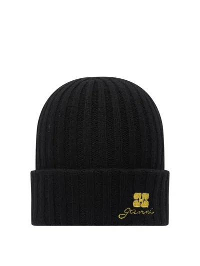 Ganni Wool Blend Beanie In Black