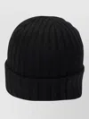 Ganni Wool Blend Beanie Hat Ribbed Cuff In Black