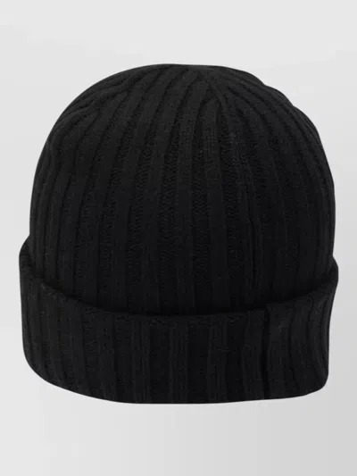 Ganni Wool Blend Beanie Hat Ribbed Cuff In Black