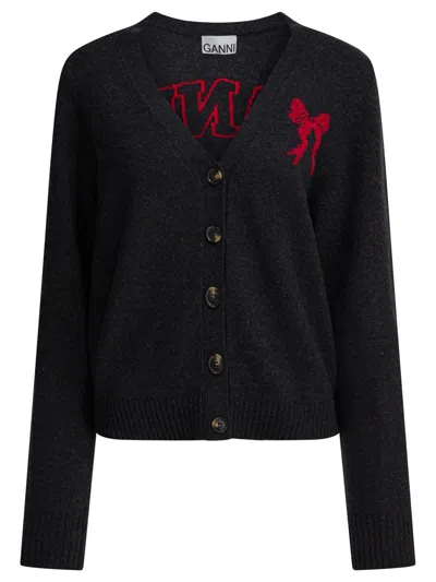 Ganni Wool Blend Cardigan Long Sleeve Graphic In Black