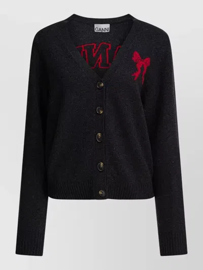 Ganni Wool-blend Ribbed V-neck Jacquard Cardigan In Animal Print