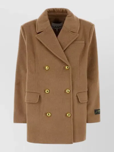 Ganni Wool Blend Coat Double Breasted Buttons In Brown