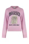 Ganni Womens Chalk Pink Poodle Logo-motif Wool-blend Knit Jumper Xs In Pink