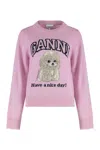 Ganni Womens Chalk Pink Poodle Logo-motif Wool-blend Knit Jumper Xs In Pink