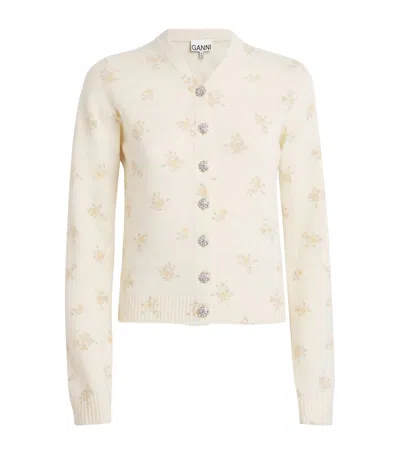 Ganni Wool-blend Floral Cardigan In White