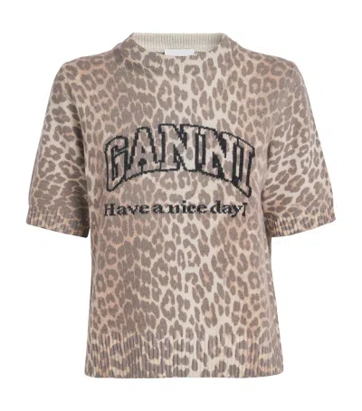 GANNI WOOL-BLEND LEOPARD PRINT T-SHIRT