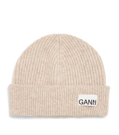 Ganni Wool-blend Light Structured Rib Knit Beanie In Beige